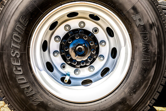 Cape Town, South Africa - 17 February, 2022: Close Up Of MAN Trucks Brand Wheel And Tire On Semi Tractor