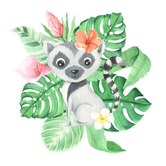 Watercolor cute cartoon lemur animal character