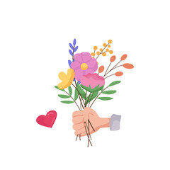 Bouquet of spring flowers in hand. Vector cartoon illustration. Holiday concept