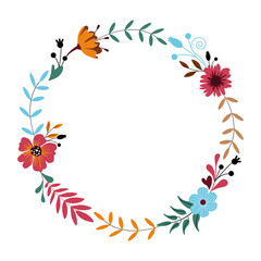 Fototapeta na wymiar Flower wreath. Beautiful flowers, leaves and twigs with berries arranged in a circle. Vector illustration isolated on a white background for design and web.