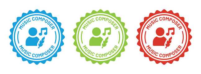 Music composer icon on badge stamp symbol. Songwriter icon design.