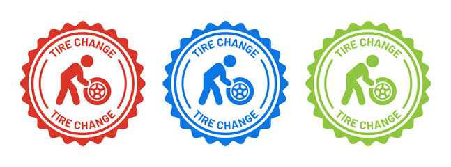 Tire change icon on badge design. Man changing car tire symbol isolated on white background.