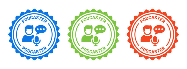 Podcaster icon set. Podcaster talking to microphone icon vector illustration.