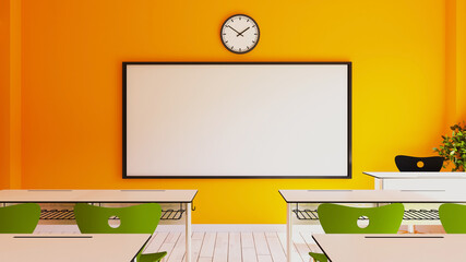 Empty interior of classic school classrooms with white chalk on the yellow wall 3D rendering