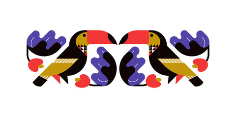 Decorative toucan with exotic flowers and palm tree leaves. Flat style vector illustration of geometric bird for elegant poster or stylish print
