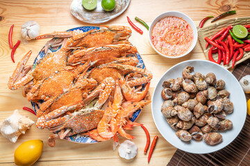Seafood dish, steamed and cooked blue crab and areola babylon or spotted babylon , served with Thai...