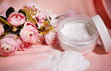 Fototapeta na wymiar Cosmetics jar, no name blank bottle with moisturizer or skin care powder.