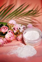 Fotobehang Cosmetics jar, no name blank bottle with moisturizer or skin care powder. © konradbak