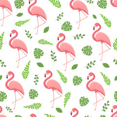 Seamless pattern with tropical bird flamingo, leaves and monster. Texture with a bird for textiles, wallpaper, print design, clothes postcards. Vector illustration.