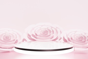 3d render of beautiful pink flowers with a glass podium with led lights for Valentines, bridal or spring project