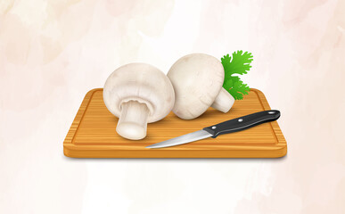 Mushroom vegetable vector illustration with sharp knife and wooden chopping board