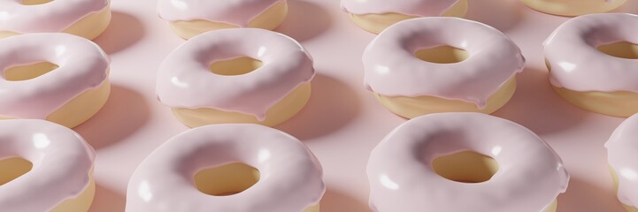 3d render of donut pattern banner with pastel pink glaze