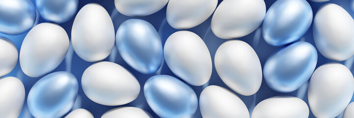 3d render of blue and white Easter eggs banner on a blue background