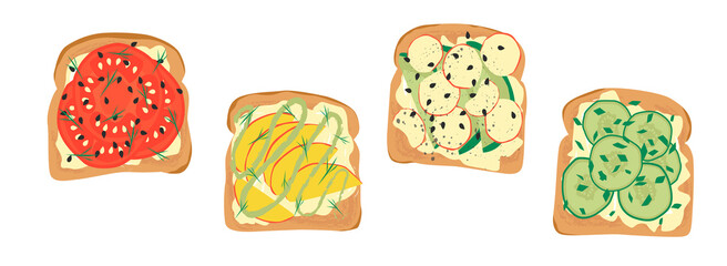 Tasty breakfast. Healthy food. Various toasts. Fresh fruits, vegetable, sliced tomatoes, cucumbers , avocado, radish, mango, chia, greenery, cream cheese. Cartoon vector isolated illustration.Top view