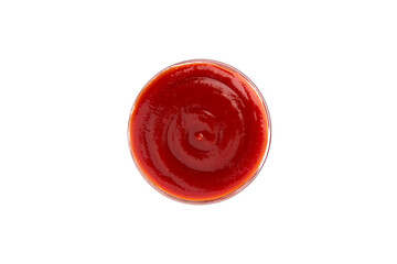 Red tomato sauce in a bowl isolated on white background, single object from above, top view. Ketchup in a glass saucer.