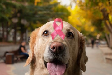 Happy dog with pink ribbon for prevent breast cancer day