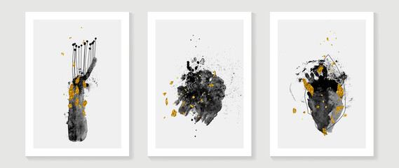 Set of abstract wall art template. Luxury design on white background with black paint, line art, and gold drops in hand painted. Design for wall decoration, interior, prints, cover, and postcard.
