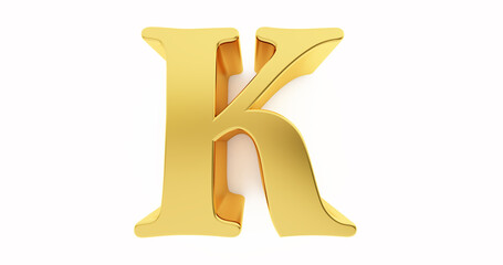 3D render of a golden letter K isolated on white background.