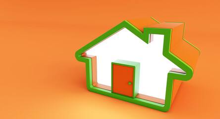 green and house icon isolated on orange background. minimal style cute home. 3d rendering