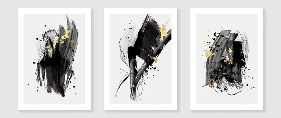 Fototapeta Set of abstract wall art template. Luxury design on white background with black paint, line art, and gold drops in hand painted. Design for wall decoration, interior, prints, cover, and postcard. obraz