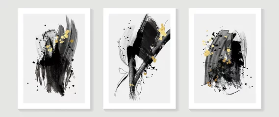 Foto op Plexiglas Set of abstract wall art template. Luxury design on white background with black paint, line art, and gold drops in hand painted. Design for wall decoration, interior, prints, cover, and postcard. © TWINS DESIGN STUDIO