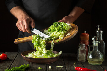 Napa cabbage salad preparation. Professional chef while working in the restaurant kitchen. Diet breakfast or dinner idea