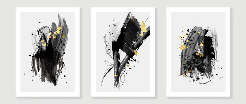 Set of abstract wall art template. Luxury design on white background with black paint, line art, and gold drops in hand painted. Design for wall decoration, interior, prints, cover, and postcard.