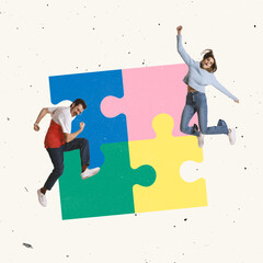 Contemporary art collage. Group of people connecting puzzles symbolizing successful teamwork