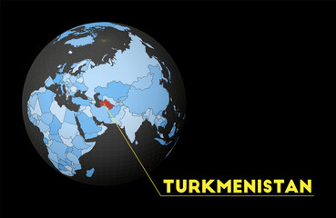 Turkmenistan highlighted on a dark globe with a blue world map. A satellite view centered on Turkmenistan with the country name displayed. Vector illustration.