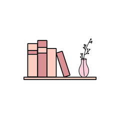 Shelf with books and ikebana doodle vector illustration