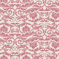 Seamless pattern in ivory beige ang rose pink, vintage Victorian floral ornament of flowers, scrolls and swirls