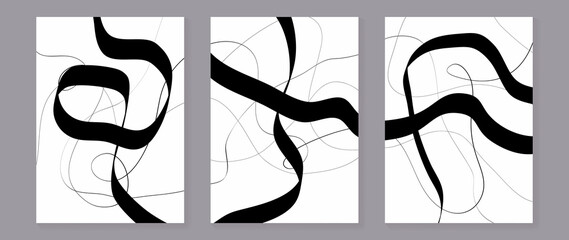 Set of abstract wall art template. Line art design on white background with black lines, wavy and curved line in seamless pattern. Design for wall decoration, interior, prints, cover, and postcard.