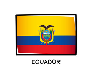 Flag of Ecuador. Colorful Ecuadorian flag logo. Yellow, blue and red brush strokes, hand drawn. Black outline.