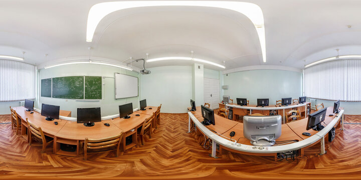 MINSK, BELARUS - JANUARY 2021: hdr 360 panorama interior modern classroom with computers in full spherical equirectangular projection. VR content