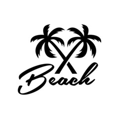 Destino de vacaciones. Banner con texto Beach con silueta de 2 palmeras con forma de aspa en color negro