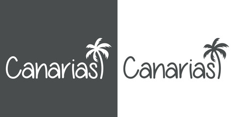 Canarias Beach. Destino de vacaciones. Banner con texto Canarias con silueta de palmera en fondo gris y fondo blanco
