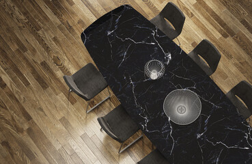 Kitchewn, 3d rendering in aerial view. Black marble table and chairs. Parquet floor. Decorative elements on the table