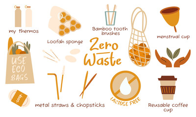 Hand drawn elements of zero waste life in vector. Eco style. No plastic. Go green