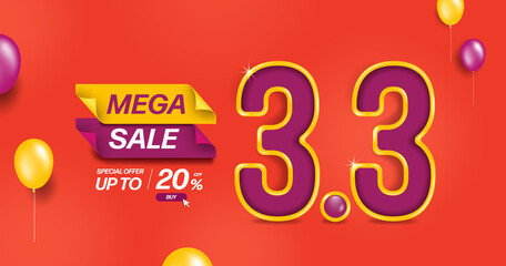 Purple 3.3 text 3D is placed on orange background and has a balloon floating around for a mega sale promotion design template day 3 month 3 with a 20% discount promotion,vector for advertising design