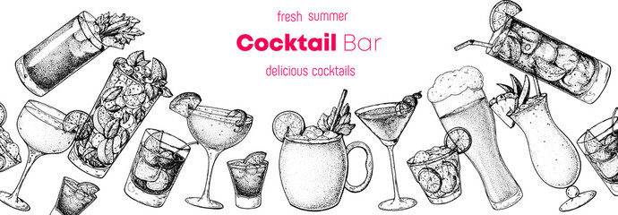 Alcoholic cocktails hand drawn vector illustration. Cocktails set. Bar menu design elements. Hand drawn sketch collection. - obrazy, fototapety, plakaty
