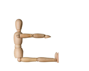 wooden doll sitting with arms outstretched forward, concept morning exercise, isolated on white