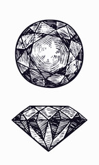 Fine round (Brilliant) gemstone cuts, shape top and side view, simple doodle drawing, gravure style
