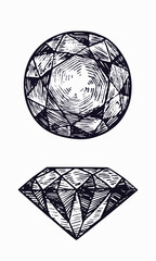 Fine round (Brilliant) gemstone cuts, shape top and side view, simple doodle drawing, gravure style