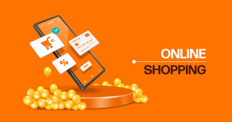 Shopping cart,%, and credit card icons float on smartphone screen and all floated above round podium with yellow balloons surrounding it,vector 3d on orange background for online shopping concept