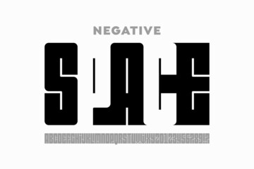 Negative space style font, alphabet letters and numbers vector illustration