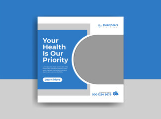 Medical social media post template. Modern banner design with blue color ribbon decoration and place for the photo. Suitable for social media, websites, flyers, and banners.