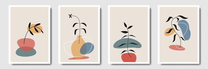 Minimalist collection modern abstract leaves tropical botanical bohemian style, poster, print, wall, decor, boho © Gaseesky Stock