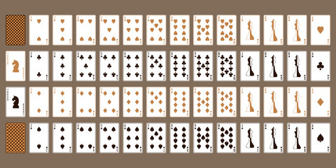 Playing cards with chess pieces.  Brown background. A set for playing poker. Playing cards of a new design. Full Deck © Natali