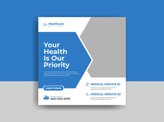 Medical social media post template. Modern banner design with blue color ribbon decoration and place for the photo. Suitable for social media, websites, flyers, and banners.