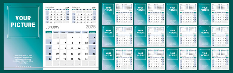 Set of 12 horizontal calendar pages for 2025 in blue shades with place for photo. Vector design template. Week starts on Sunday.
